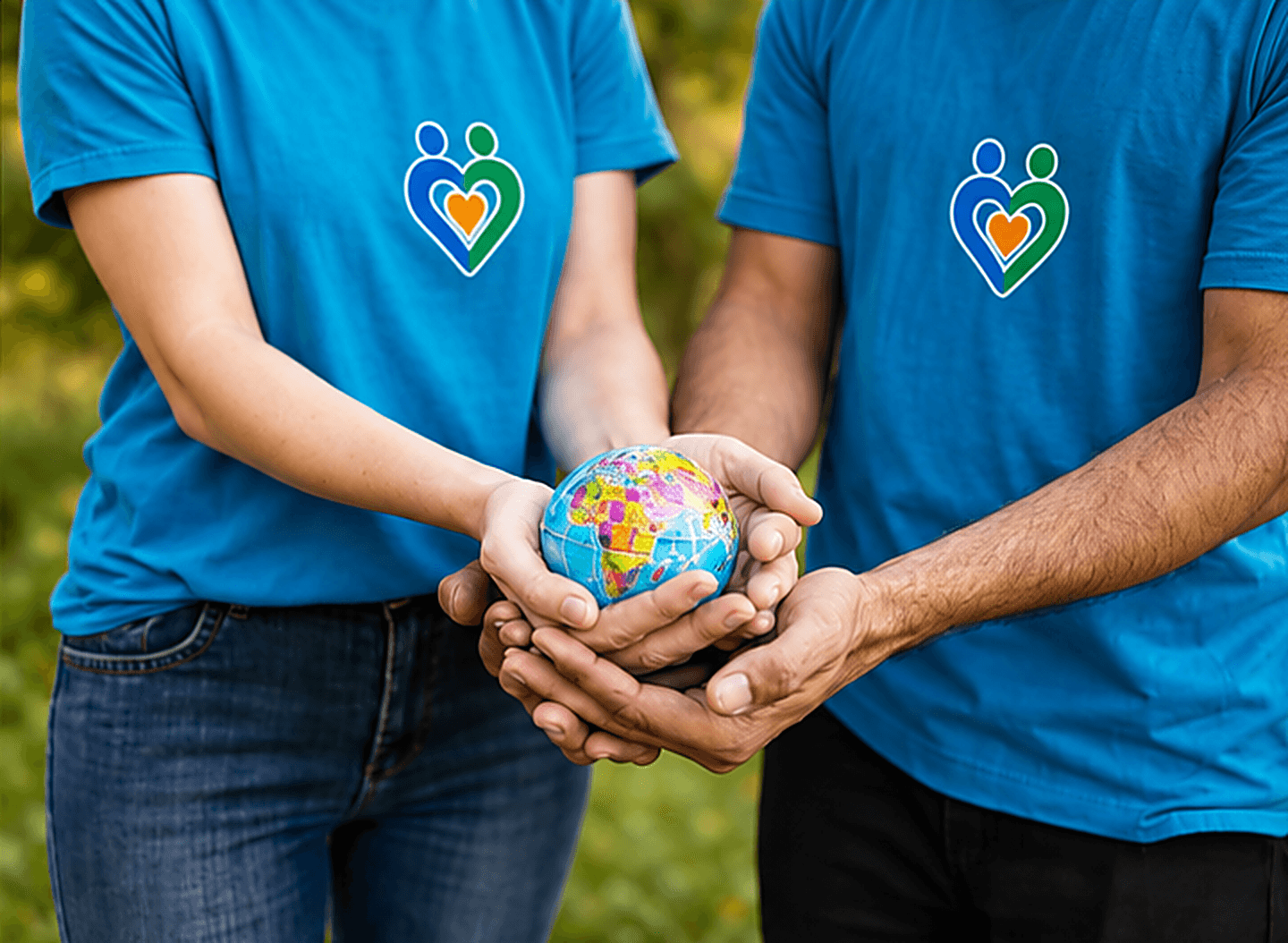 Duas pessoas com camisetas da ConectaAção segurando um globo terrestre nas mãos