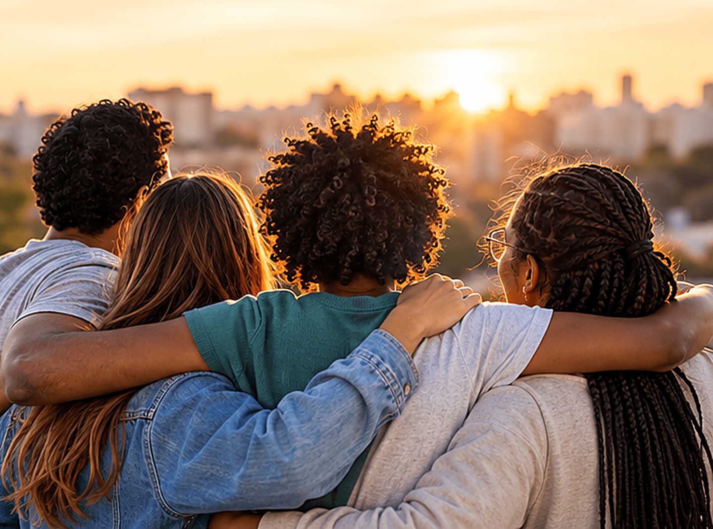 Grupo de amigos abraçados observando o pôr do sol na cidade